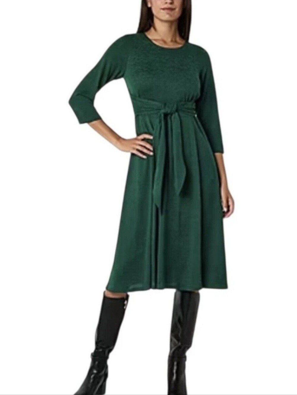 Robbie Bee Womens Petite Large Green 3/4 Sleeve Midi Fit + Flare Dress Workwear